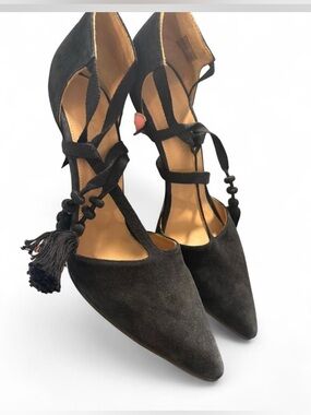 Ulla Johnson Tassel T-Strap Pumps Black Suede Heels Size 10 IT 40 Designer